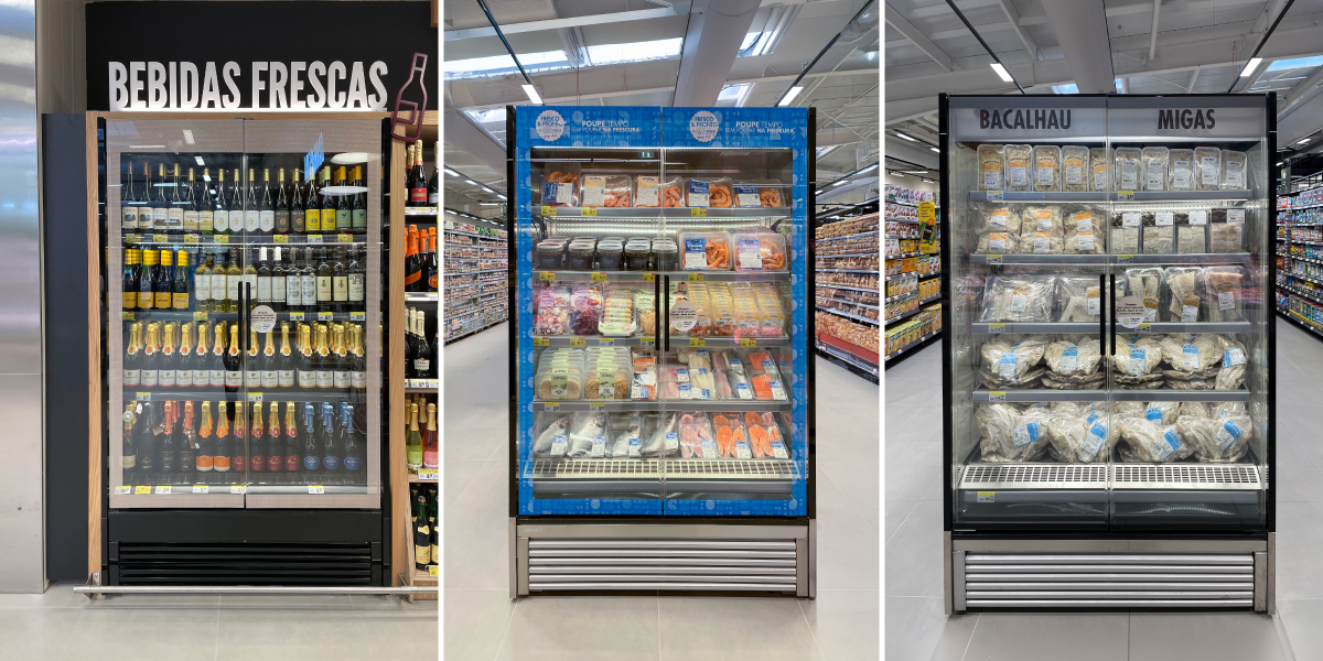 Linha cont&iacute;nua de murais refrigerados FUTURO 2 em supermercado